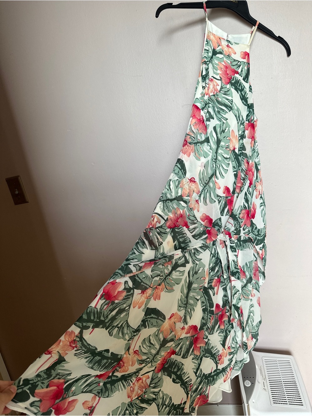 Tropical Floral Halter Maxi Dress — White with Green & Pink Floral Print